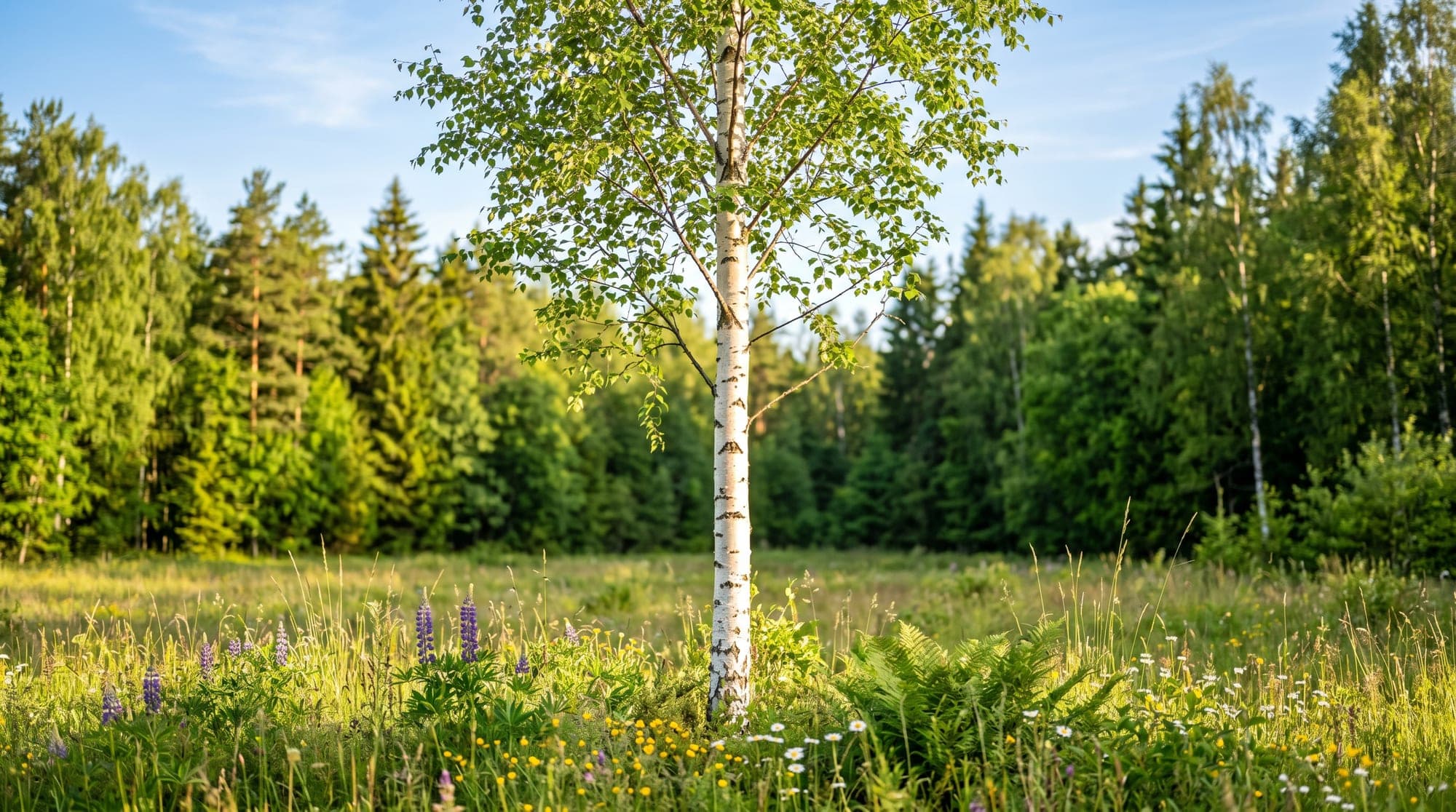 A single young birch standing alone in a bright forest clearing