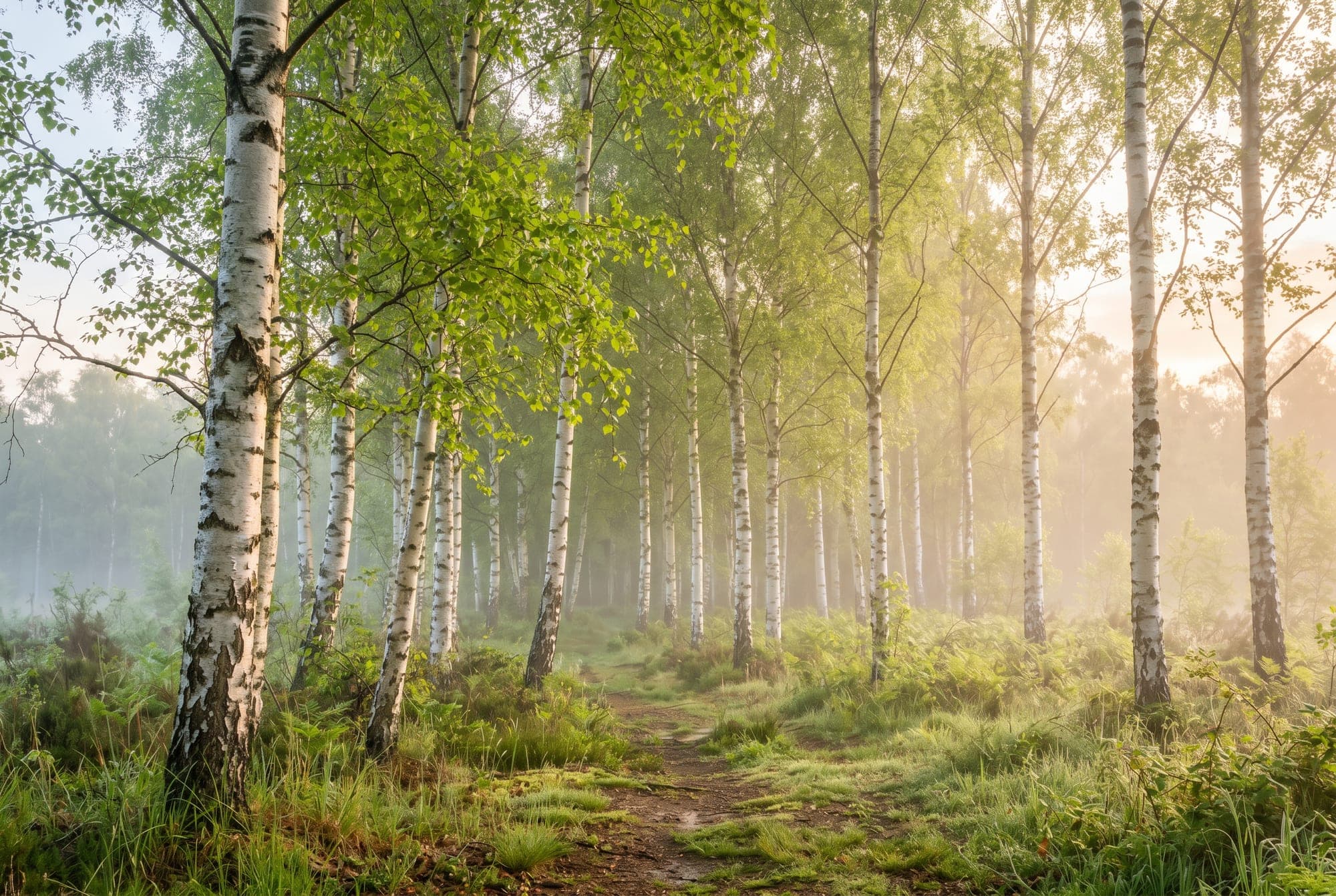 Soft dawn light through a stand of slender birch, mist lifting