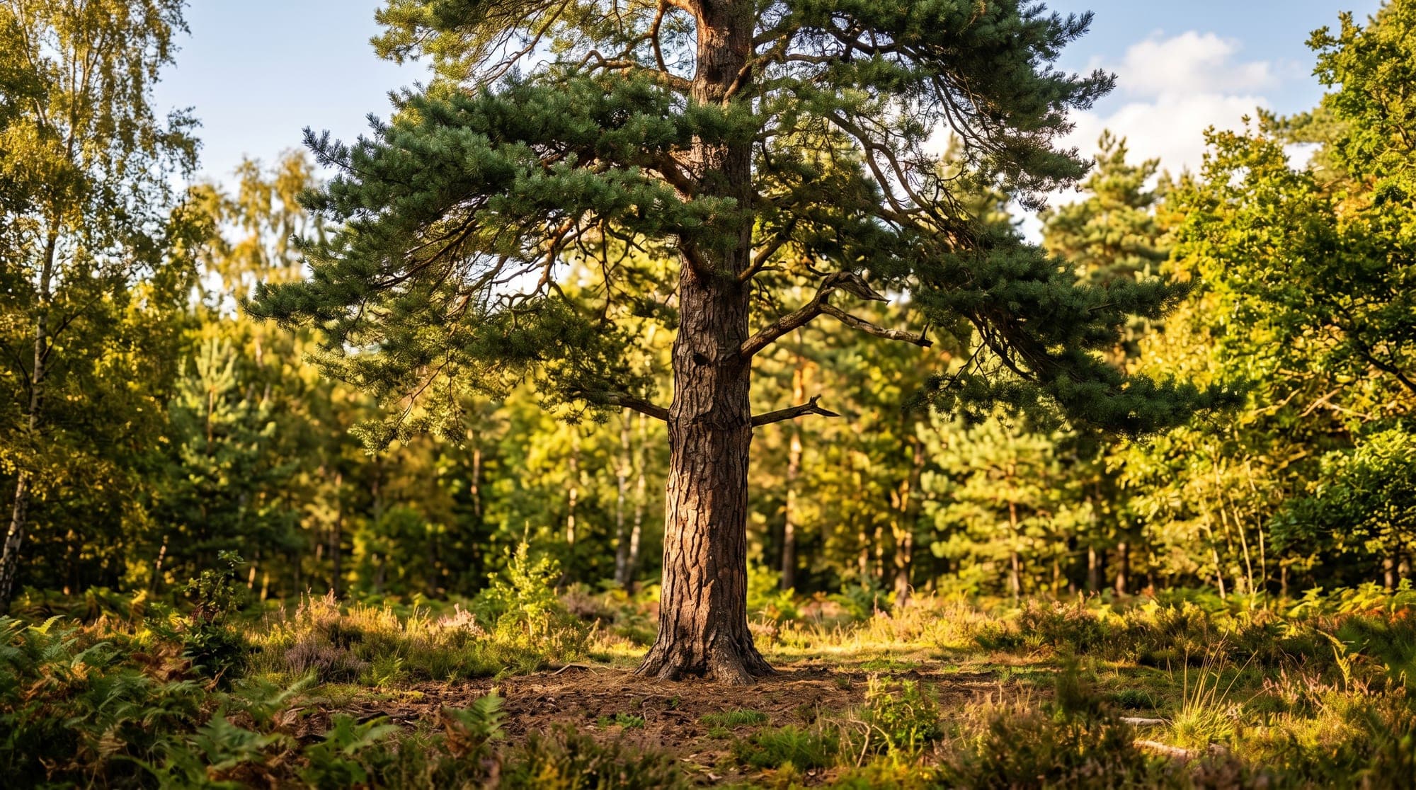 A broad, ancient pine standing in a sunlit forest clearing