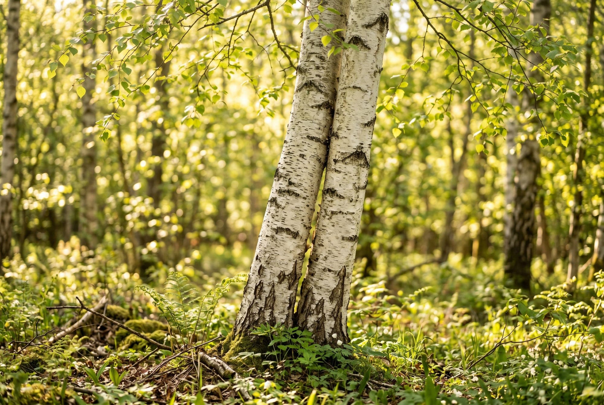 Two birch trunks grown close together in warm golden-green forest light