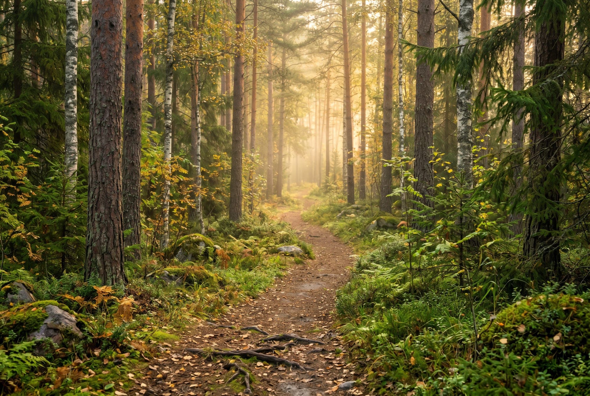 A dim path narrowing into dense pines at dusk