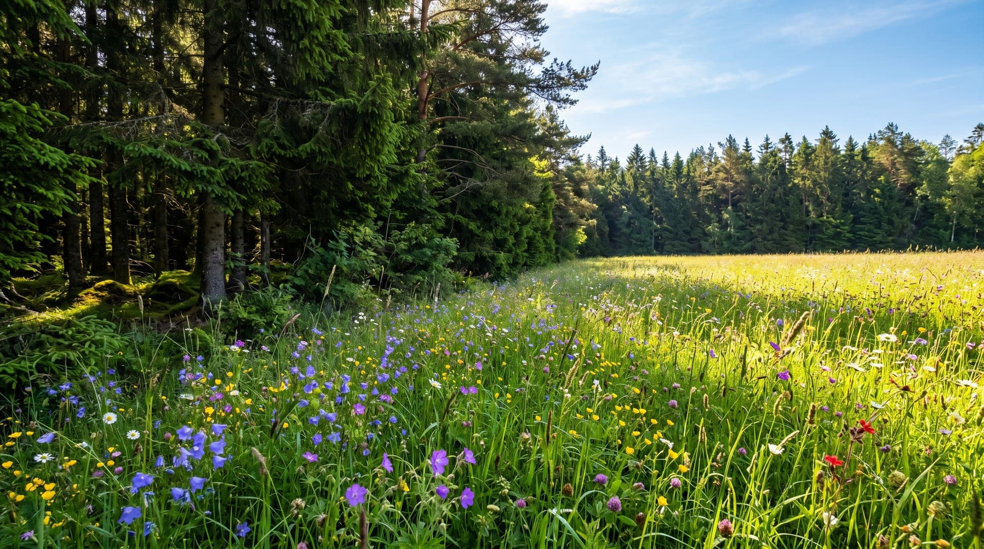 A dense forest edge meeting a sunlit wildflower meadow along one clear line