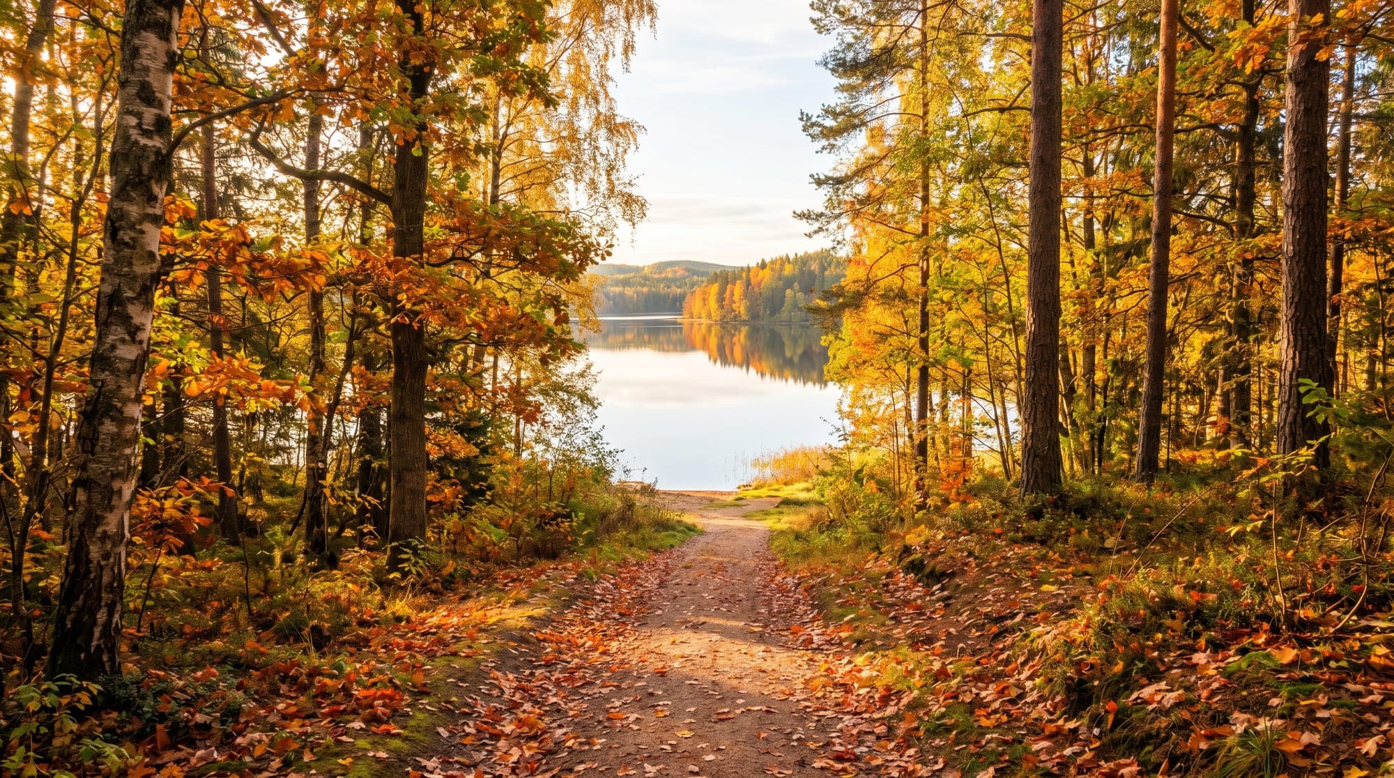 A sunlit autumn path opening onto a calm lake at first light