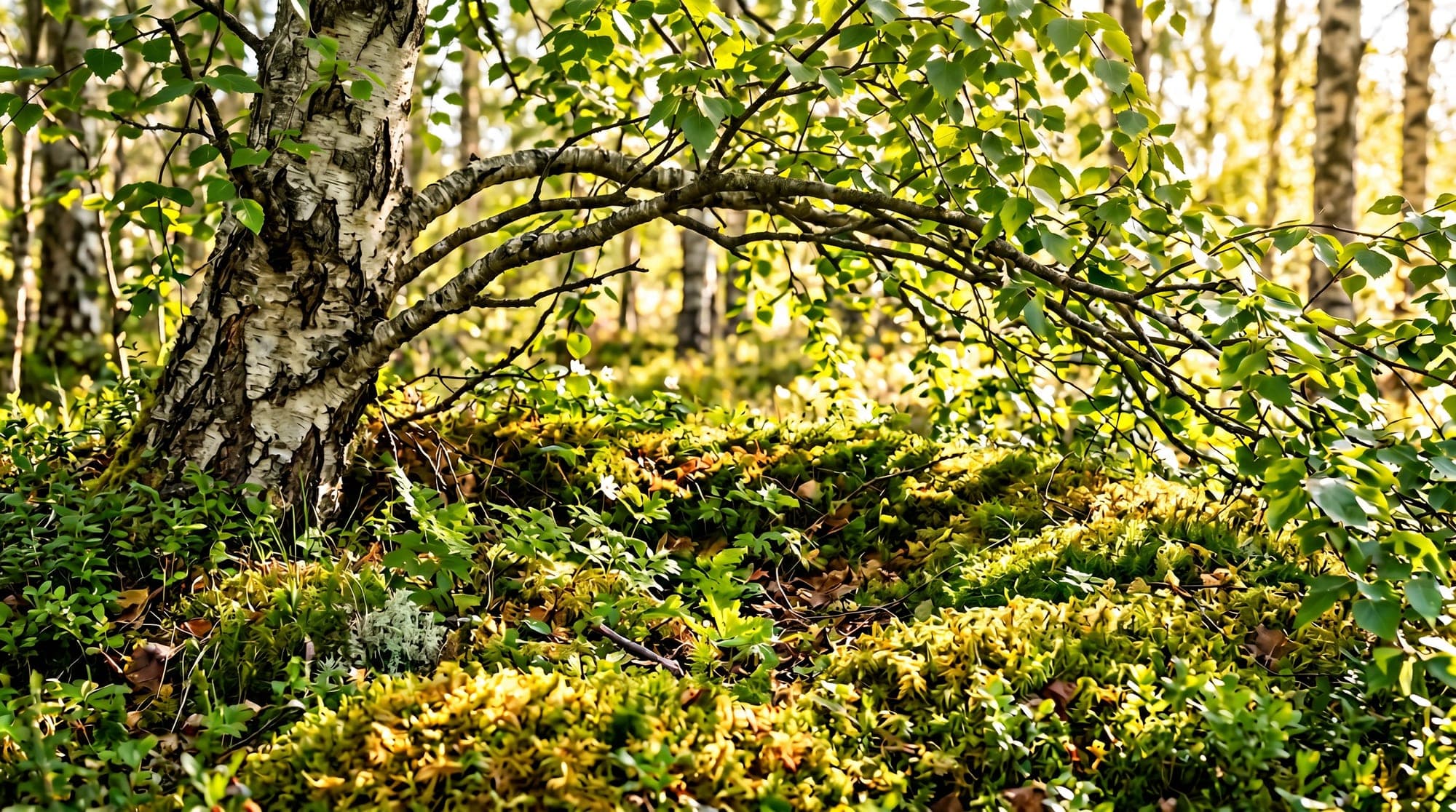 A mossy hollow sheltered under the low branches of an old birch, sun through the leaves