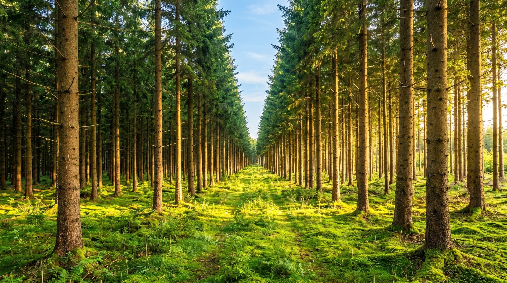 A planted spruce forest in perfectly straight man-made rows, morning sun between the trunks