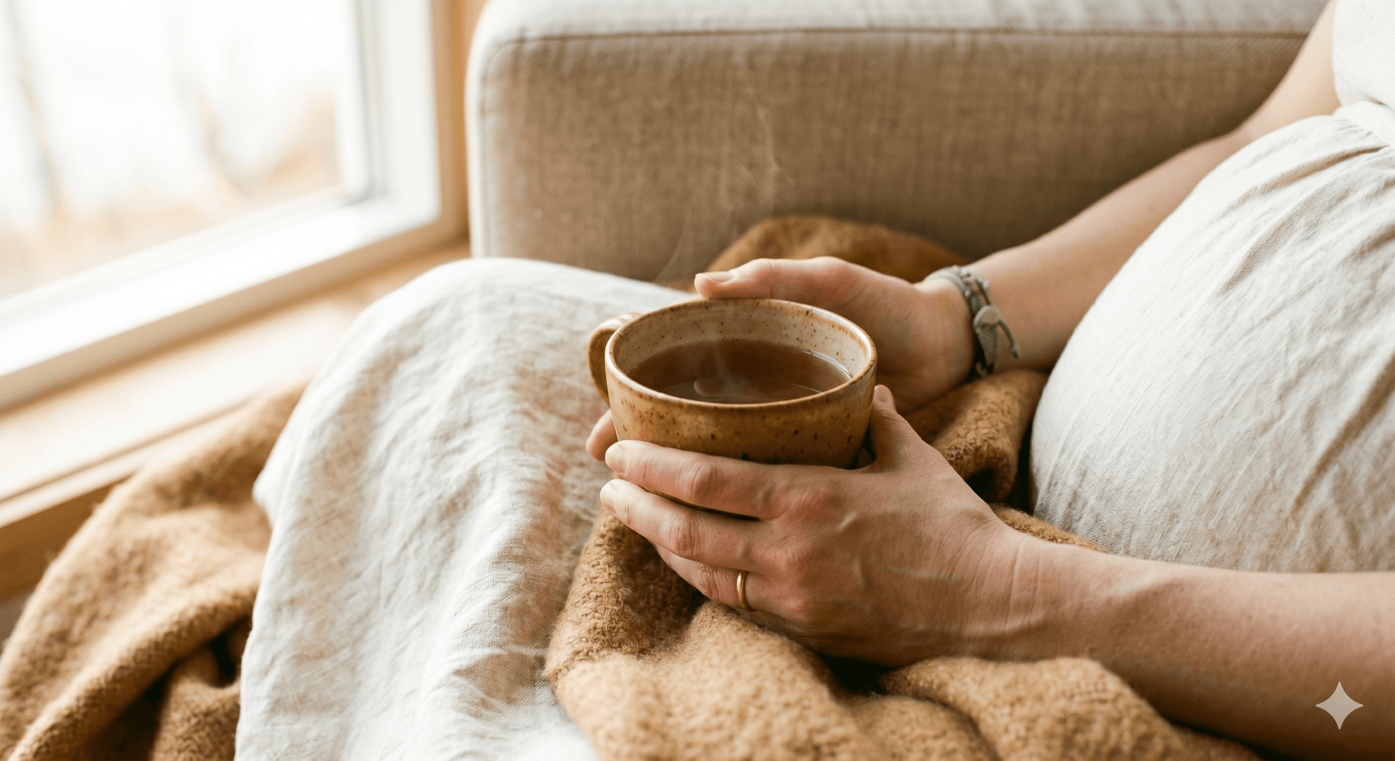 A quiet hand cradling a cup of tea in soft window light