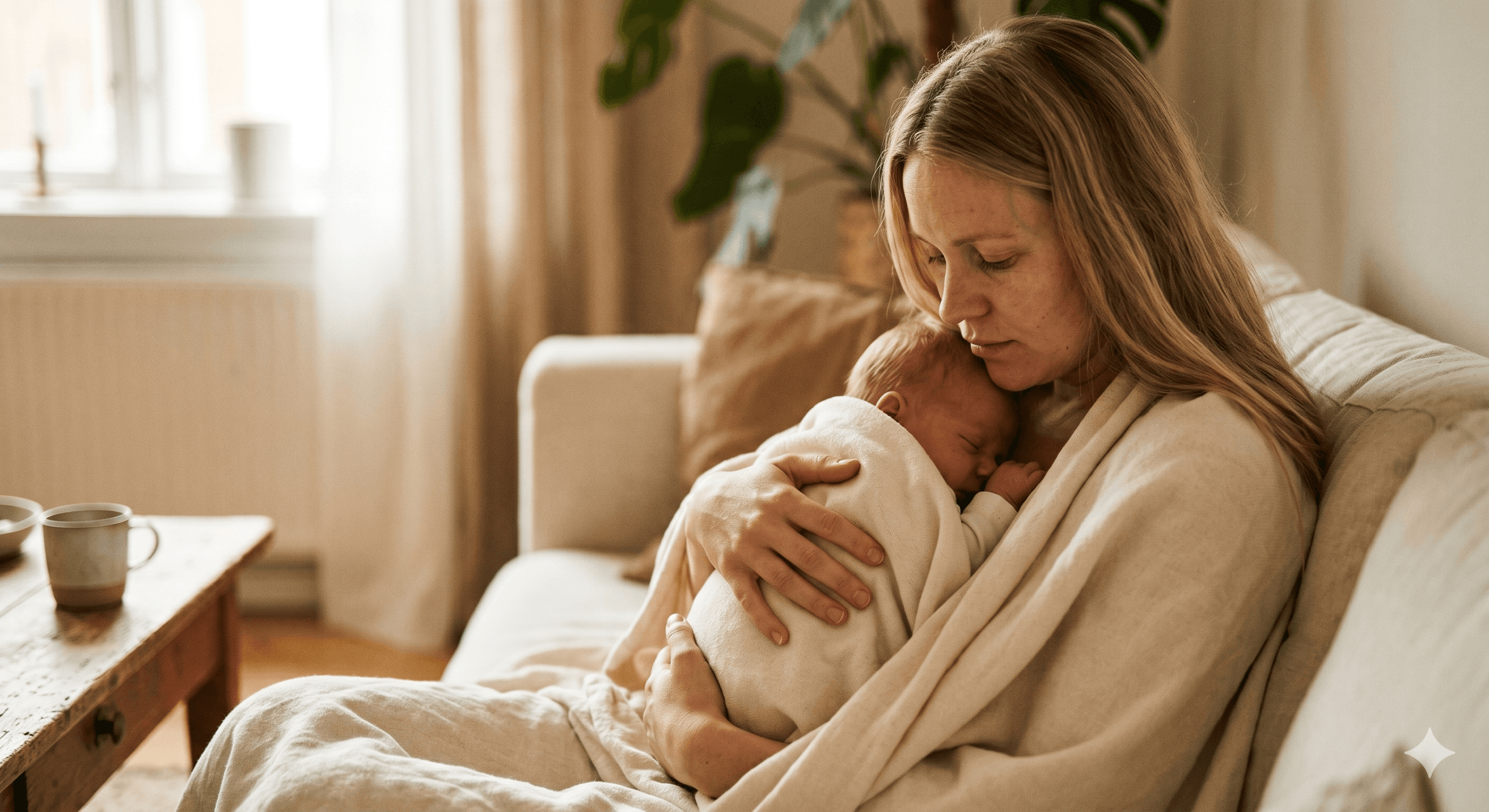 A mother holding her newborn close, wrapped in soft cream