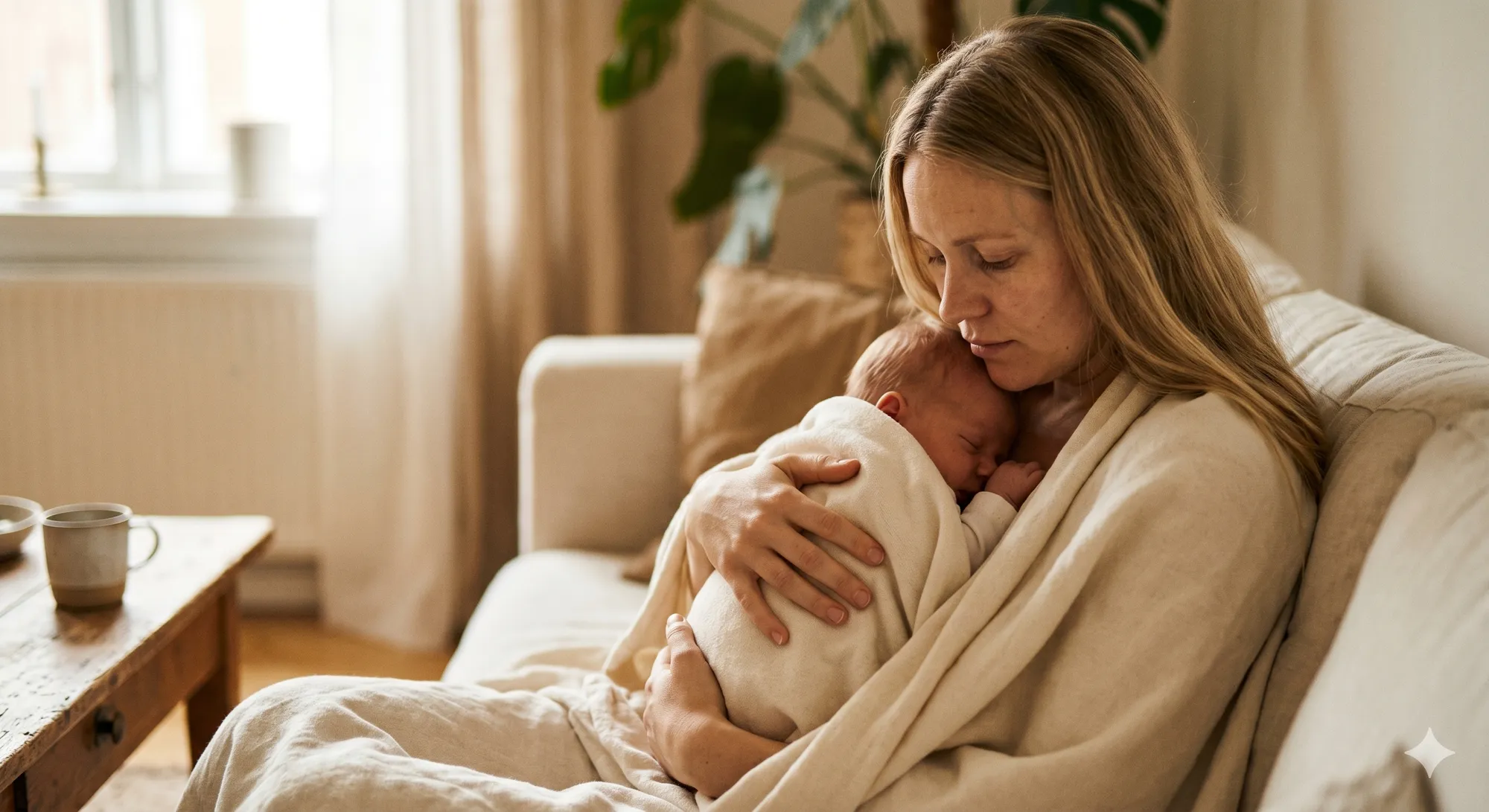 A mother holding her newborn close, wrapped in soft cream